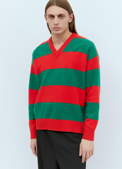 Gucci Striped Wool Blend V Neck Sweater In Red