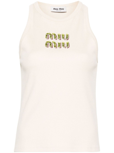 Miu Miu Women Ribbed Top With Embroidered Logo In White