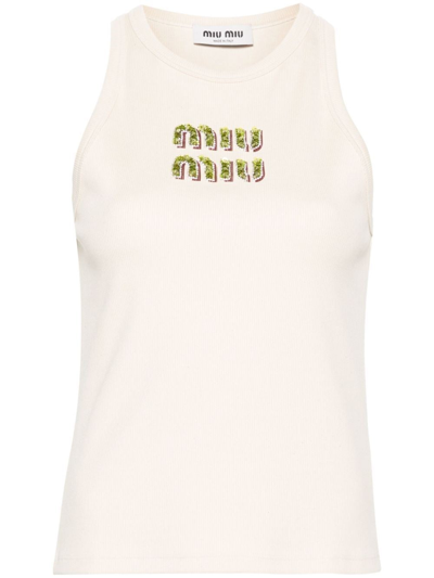 みろまつ様✾14kgf Miu Miu Women Ribbed Top With Embroidered Logo In White