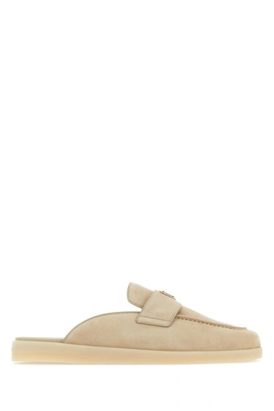 Prada Man Sand Suede Slippers In Brown