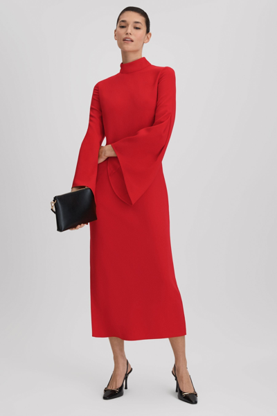 Reiss Katya - Red Flute Sleeve Bodycon Midi Dress, Us 2