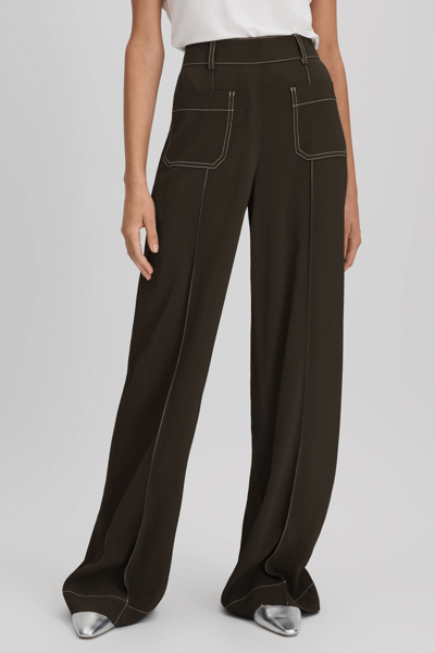 Reiss Khaki Contrast Stitch Wide Leg Trousers In Khaki