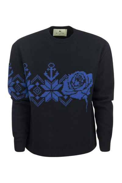 Etro Paisley Print Round Neck Pullover In Blue