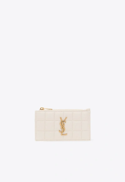 Saint Laurent Cassandre Zipped Cardholder In Quilted Leather In Cream