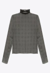 Saint Laurent Sheer Plaid High Neck Blouse In Gray