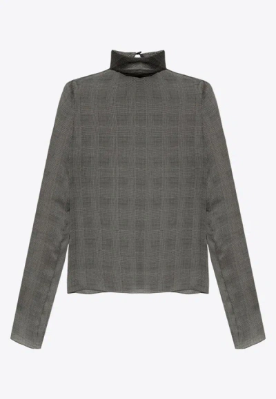 Saint Laurent Tartan Silk Top In Grey