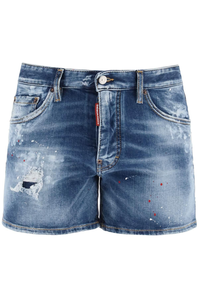 Dsquared2 Men's Retro 70's Denim Shorts With Rips And Paint Splatter In Blue