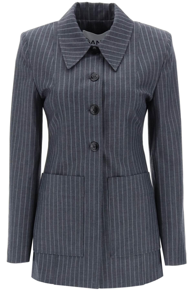 Ganni Pinstripe Single-breasted Blazer In Grey