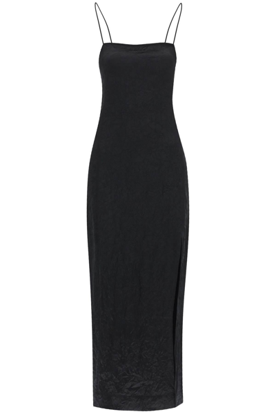 Ganni Crinkled Satin Midi Slip Dress In Black