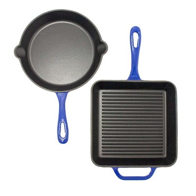 Berghoff 2pc Enamel Cast Iron 10" Fry Pan And 10" Grill Pan Set In Blue