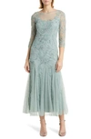 Pisarro Nights Beaded Illusion Neck Gown In Sage