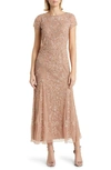 Pisarro Nights Beaded Mesh Midi Cocktail Dress In New Beige