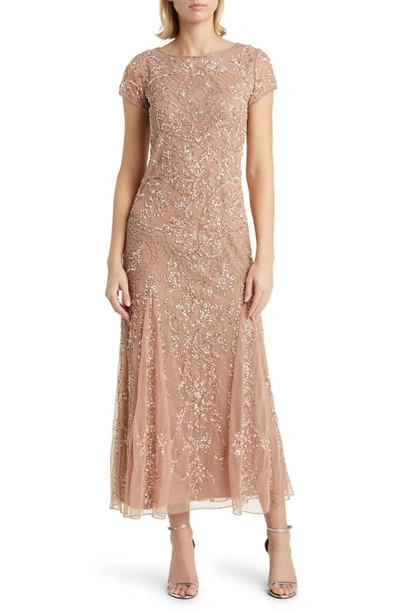 Pisarro Nights Beaded Mesh Midi Cocktail Dress In New Beige