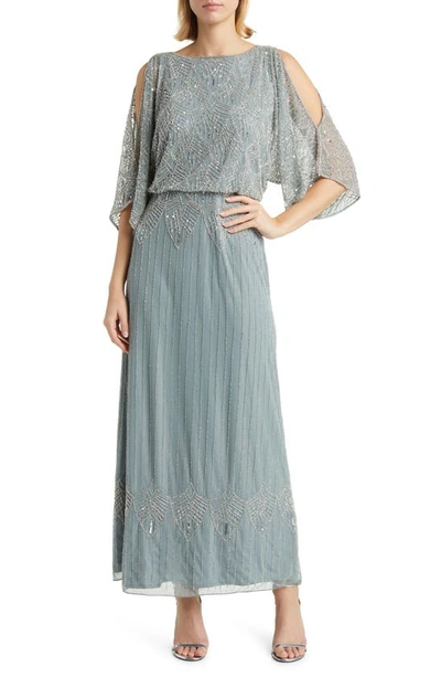 Pisarro Nights Beaded Cold Shoulder Blouson Cocktail Dress In Teal