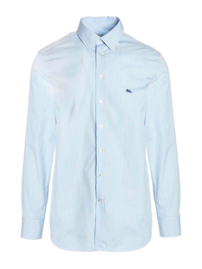 Etro Logo Embroidery Striped Shirt In Light Blue