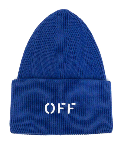 Off-white Logo Cotton Blend Beanie In Blue