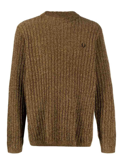 Fred Perry Logo Chenille Crewneck Jumper In Beige