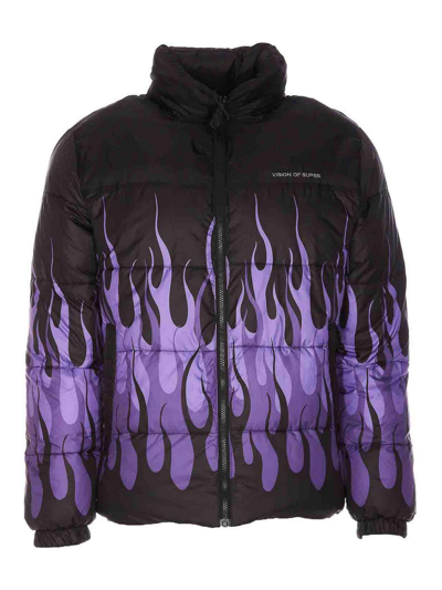 Vision Of Super Puffy Down Jacket With Purple Flames In Black