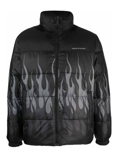 Vision Of Super Triple Flames Puffer Jacket In Black