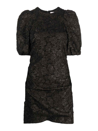 Ganni Patterned Floral-print Short Puff-sleeves Dress In Black