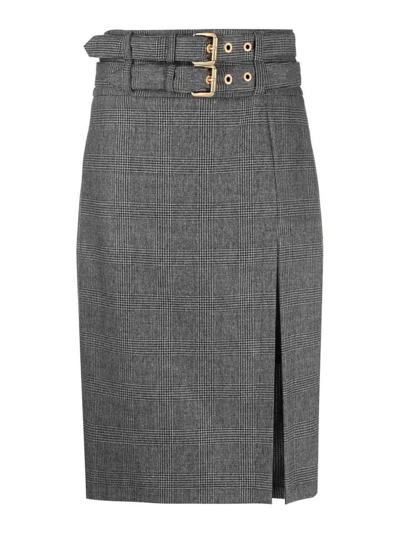 Pinko Goldie Plaid-check Belted Midi Skirt In Grey