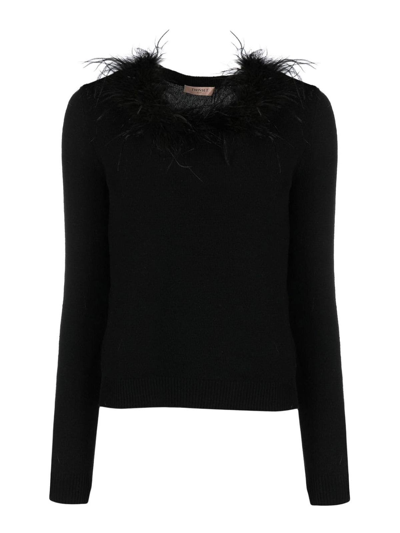 Twinset Ostrich-feather Fine-knit Jumper In Black