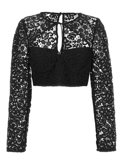 SELF-PORTRAIT TOP BLACK LACE TIE NECK CROP