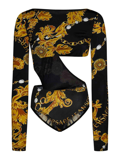 Versace Jeans Couture Chain Couture-print Cut-out Bodysuit In Nero