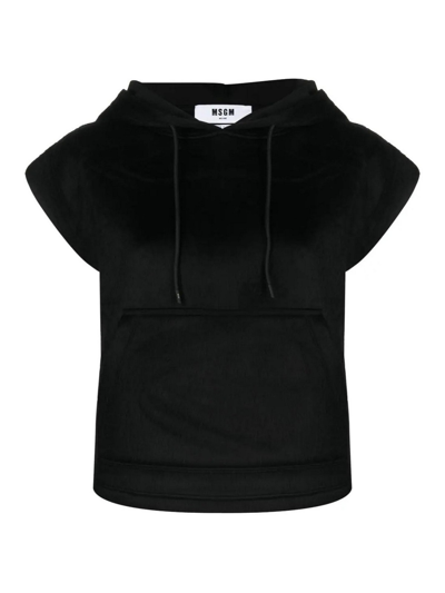 Msgm Cap-sleeve Brushed-effect Hoodie In Black