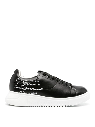 Emporio Armani Calligraphy-print Leather Sneakers In Black