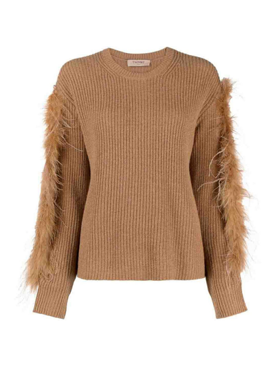 Twinset Feather-detail Crew-neck Jumper In Brown