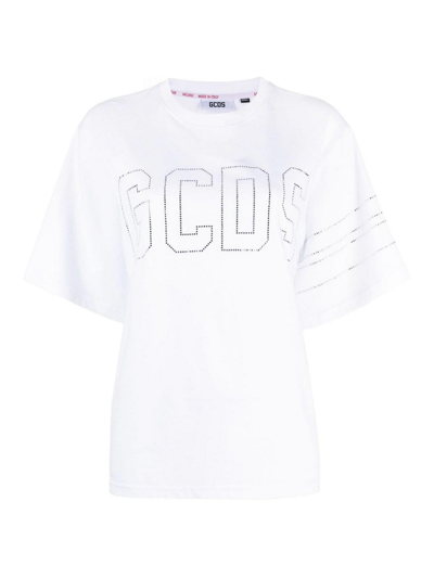 Gcds Crystal-embellished Logo T-shirt In Cream