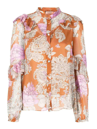 Twinset Floral-print Ruffled Blouse In Beige