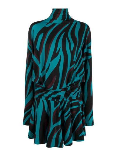 Pinko Zebra-print Belted Minidress In Vert/noir/bordeaux