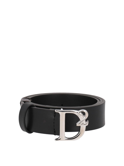 Dsquared2 Leather Belt With Silver Logo In Black