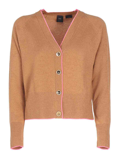 Pinko Contrast-trim Wool-cashmere Cardigan In Brown