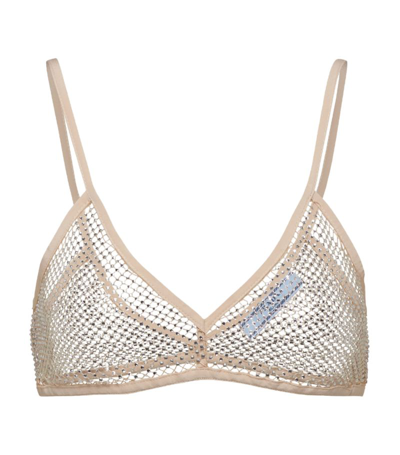 Prada Embroidered Rhinestone Mesh Bra Top In Neutrals