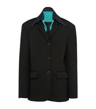 Prada Single-breasted Gabardine Jacket With Collar In Black/blue