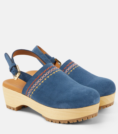 See By Chloé Embroidered Suede Clogs In Blue