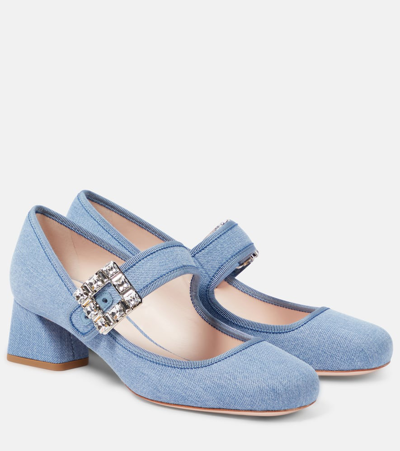 Roger Vivier Très Vivier Crystal-embellished Denim Mary Jane Pumps In Blue