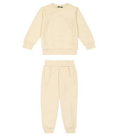 Balmain Kids' 棉质抓绒运动衫与运动裤套装 In Neutrals