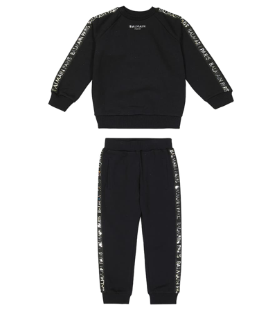 Balmain Kids' 棉质抓绒运动衫与运动裤套装 In Black