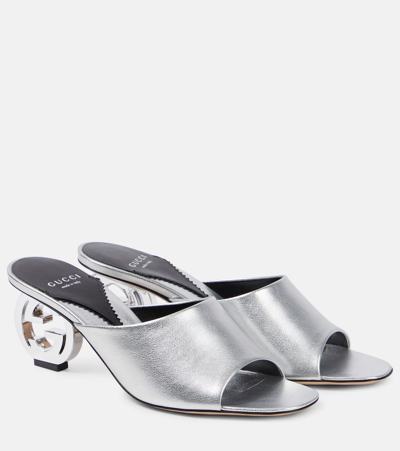 Gucci Bella Metallic Leather Mules In Silver