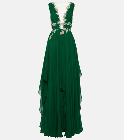 Costarellos Embroidered V-neck Draped Silk Gown In Green
