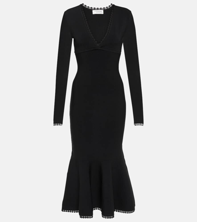 Victoria Beckham Womens Black V-neck Flared-hem Stretch-woven Midi Dress