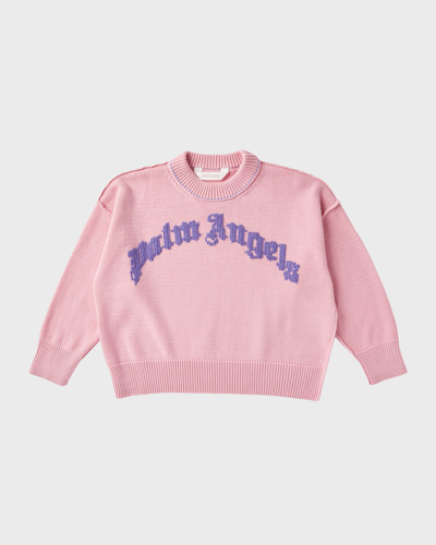 Palm Angels Girl's Curved Logo Cotton Knit Sweater In Pink