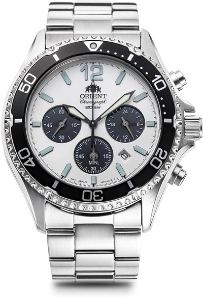 Pre-owned Orient Mako Solar Panda Rn-tx0203s Chronograph Stainless Steel Wristwatch