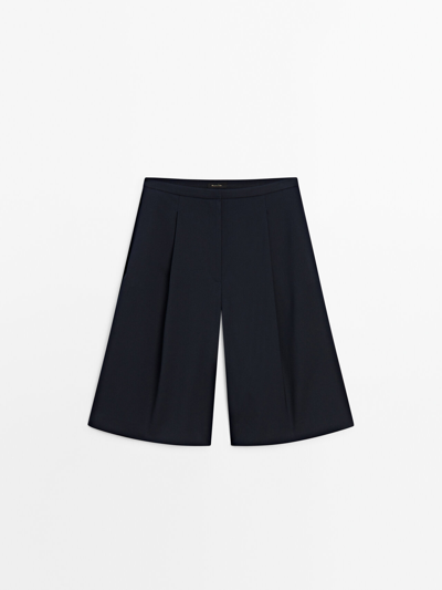 Massimo Dutti Long Darted Bermuda Shorts Co-ord In Navy Blue