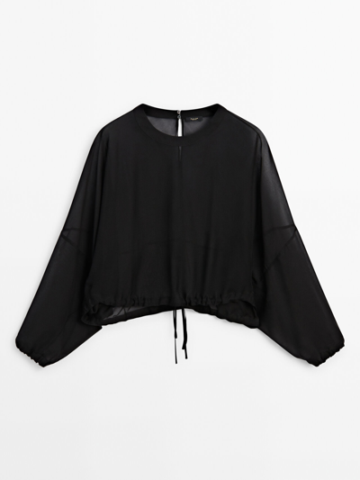 Massimo Dutti Semi-sheer Blouse With Tie Detail In Black