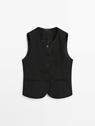 Massimo Dutti Cool Wool Blend Crew Neck Waistcoat In Black